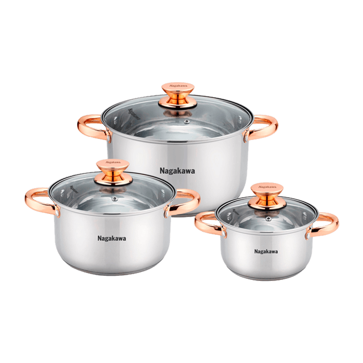 Bộ 3 nồi inox 4 đáy Nagakawa NAG1306 (16cm, 20cm, 24cm) - Quai mạ vàng - Dùng trên mọi loại bếp- Hàng Chính Hãng